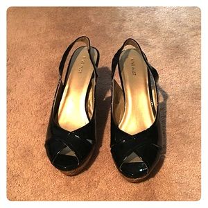 Black patent leather cork wedges